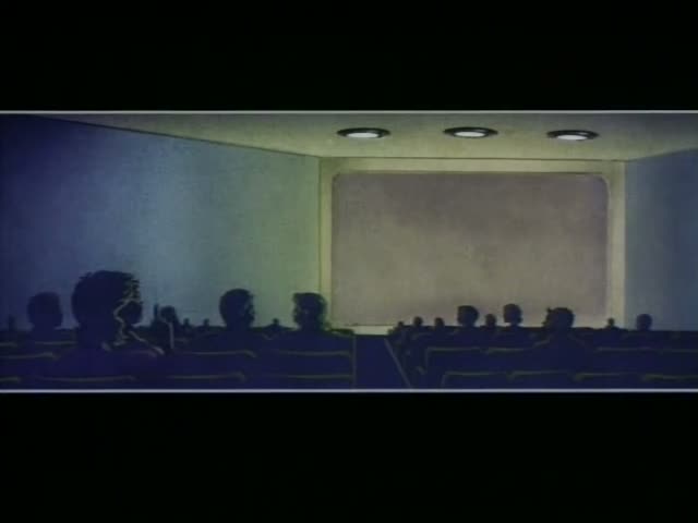Silhouetted audience members, including a large-haired figure in the foreground, sit in rows of seats in a dark cartoon…