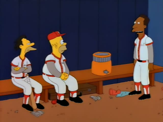 Lenny sits on a dugout bench holding a wooden bat, while Homer in a red cap and Carl stand nearby, all in white baseball…