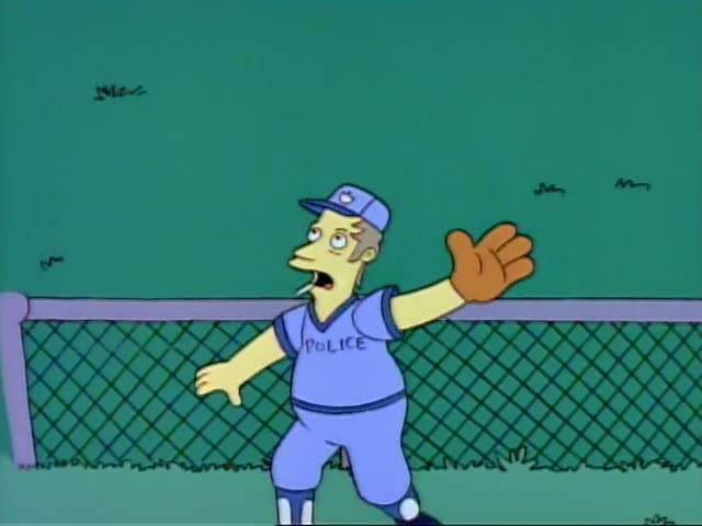 Homer Simpson swings a bat labeled "Homerun Bat" at home plate while two police officers in catcher's gear stand behind him