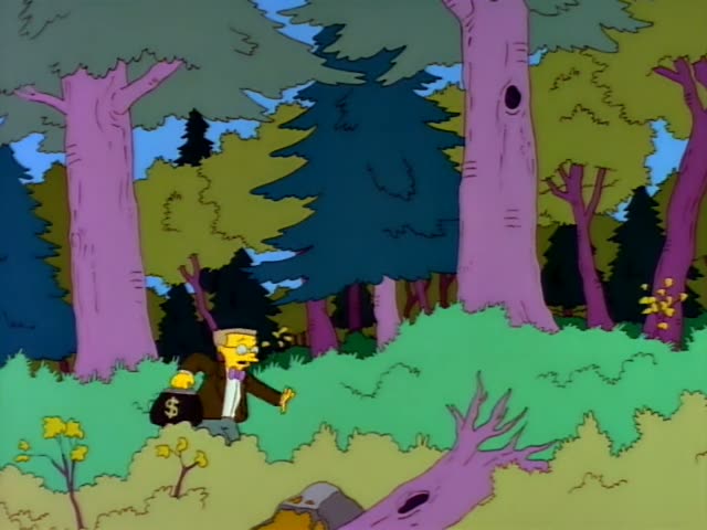 In a forest of purple-trunked trees, a bespectacled man in a brown jacket and purple bow tie, carrying a bag…