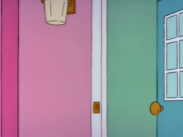 A thin older man with grey hair at the sides, a brown jacket and a lilac bow tie stands near an EXIT door…