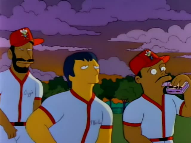 Homer stands with a line of teammates on a field under a purple dusk sky with a yellow sun
