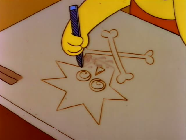Lisa Simpson sits at her classroom desk with her chin propped on her hand, first drawing a star with a bone and spiral eyes…