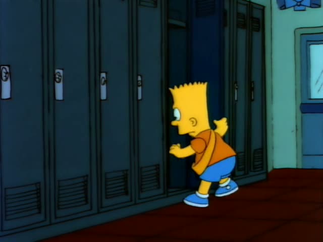 Bart and Lisa are in a school hallway lined with grey lockers, and a man in a blue suit holding a stack of papers leans…