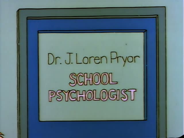 Milhouse sits at a desk in the school psychologist's office, first beneath a door sign…