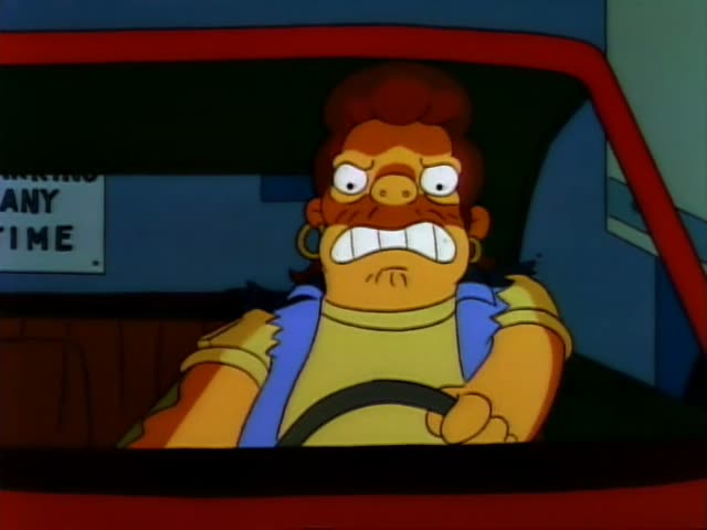 Bart stands alone at the mouth of a narrow alley as a red car with glowing headlights speeds toward him through a dark night…
