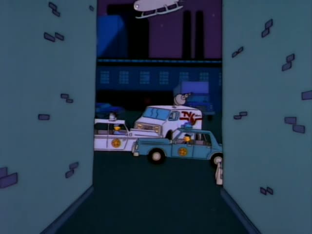 Chief Wiggum stands beside a red car at night holding a Driver Ticket book with cash tucked into it, while a dark-skinned…