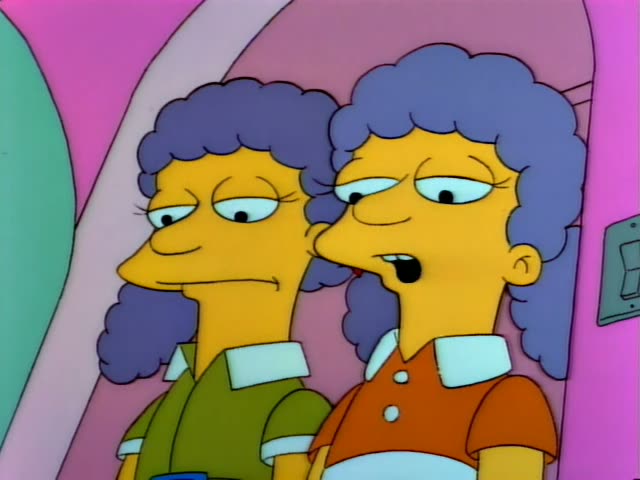 Patty and Selma stand side by side against a pink wall, with Selma speaking and Patty smirking and then grinning