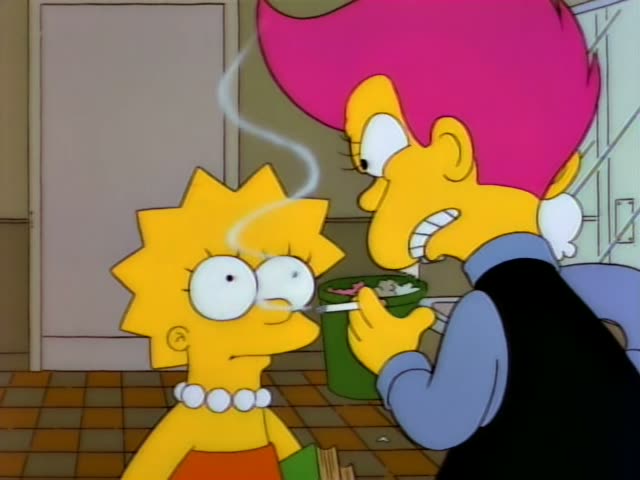 Lisa Simpson stands in a school hallway with a green trash can and a sink, first beside Sideshow Bob, who has a huge spiky…