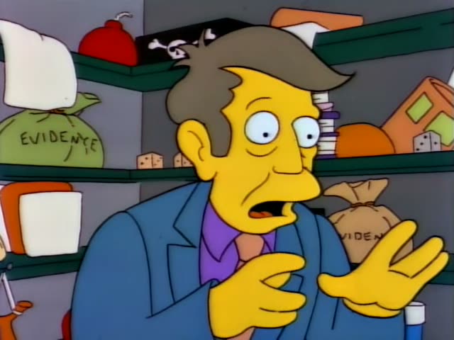 Principal Skinner stands in a cluttered evidence room lined with shelves and bags marked EVIDENCE, then turns to face Bart…