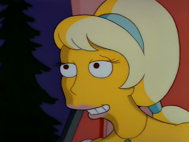 A close-up of a woman with a tall blonde beehive hairdo and a light blue headband, drawn in yellow skin tones, possibly…