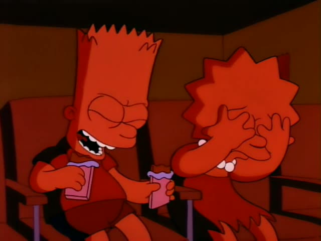 Bart Simpson and Lisa Simpson sit side by side in red theater seats