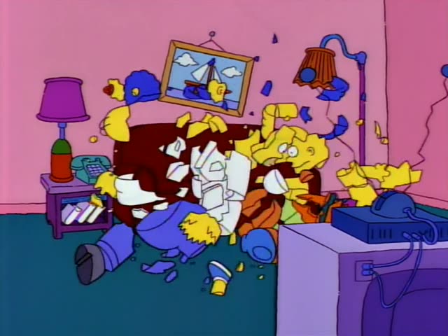 Homer, Marge, Bart, Lisa and Maggie are in a pink living room when the maroon couch bursts apart into flying yellow…