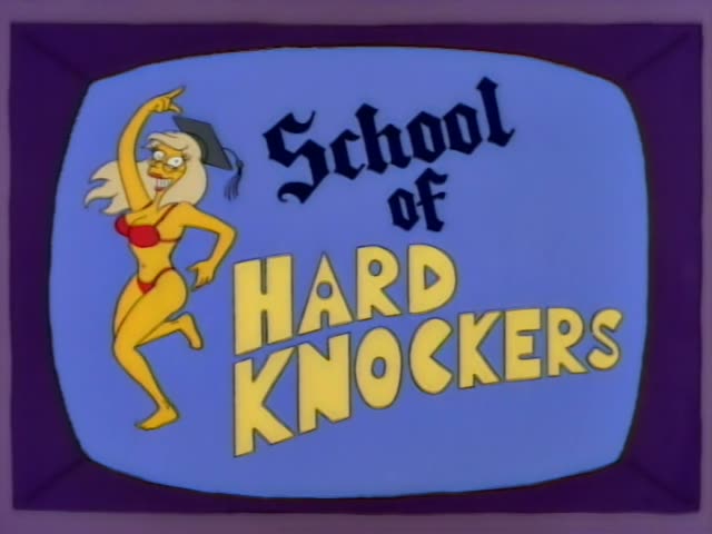 A cartoon woman in a red bikini and graduation cap, with her finger raised, dances beside the yellow-lettered title 'School…
