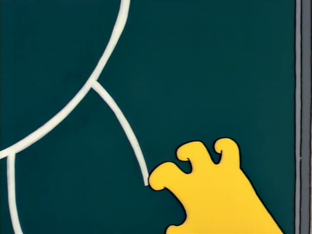 Bart Simpson stands before a green chalkboard with a chalk drawing of a pig, while Carl and Homer watch beside him