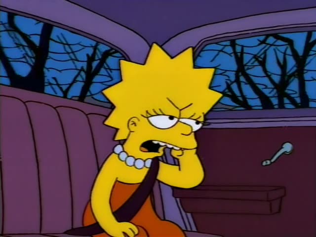 Lisa, Marge, Bart, Maggie and Homer ride in a pink car at night, with Lisa in the back seat wearing a red dress and pearls…
