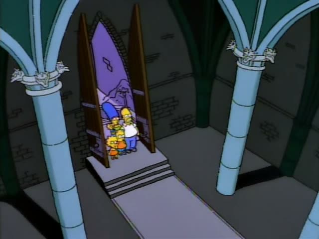 The Simpsons family, Homer, Marge, Bart, Lisa and Maggie, stand together in a doorway of a dark stone castle-like hall…