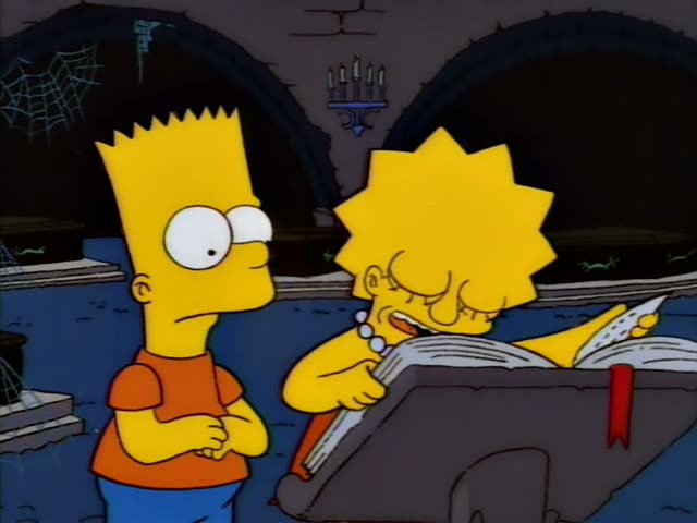 Bart and Lisa stand in a dim crypt lined with cobwebs and candelabras