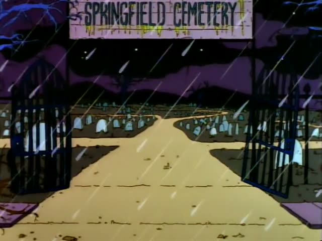 No recognizable regular characters appear in this moment, which takes place in the rain-swept Springfield Cemetery at night…