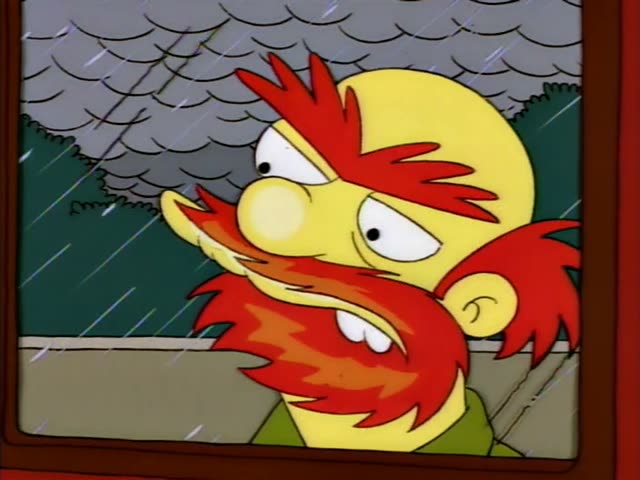 Sideshow Bob first peers in through a rain-streaked bus window, then boards and stands gripping a pole while smoking…