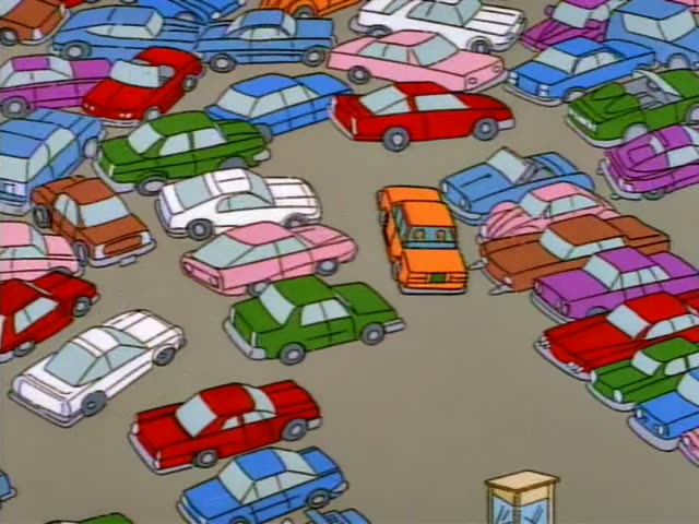 Homer and Chief Wiggum appear in a festive street fair where a crowd gathers beside a yellow-roofed stand and a ferris wheel