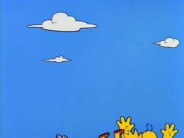 Homer, Bart and Lisa are launched upward and tossed through a blue sky with white clouds, with Homer's arms flung out…
