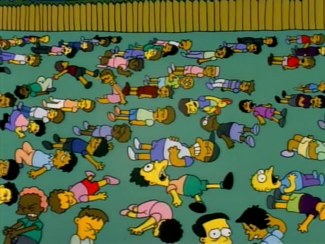 A large crowd of yellow-skinned one-off kids lies sprawled across a green lawn beside a wooden fence, some face-up, some…