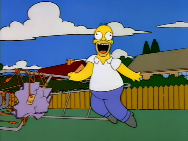 Homer and Bart are in a suburban backyard with a wooden fence and a rusty trampoline frame