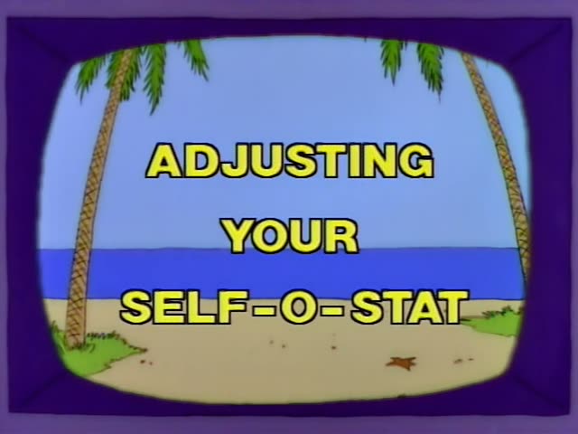 A purple-framed television screen displaying a tropical beach with two palm trees, blue ocean, sand and a small orange…