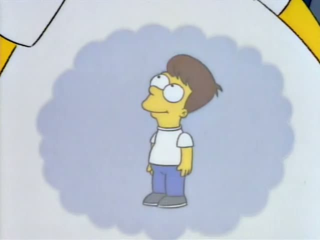 A boy with a brown bowl cut in a white shirt and blue pants appears in a thought bubble against a pale background, looking…