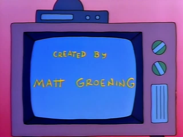 No regular Simpsons characters appear; the moment is a title card sequence on a pink-backed retro television set with a blue…
