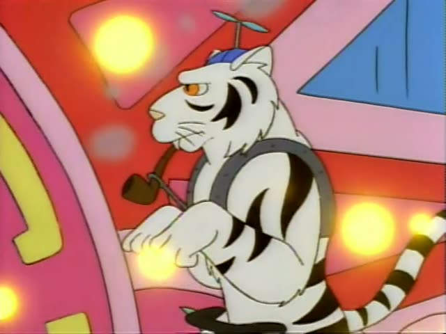 A white tiger with black stripes, wearing a blue cap with a propeller and a grey harness, puffs on a pipe on a stage…