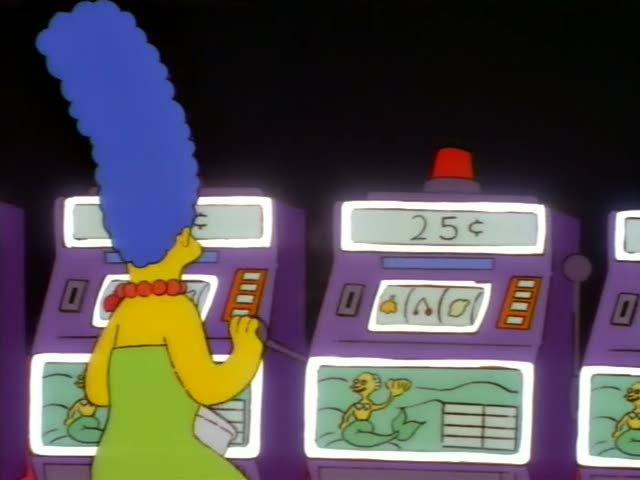 Marge feeds a slot machine in a casino while baby Maggie crawls across the red carpet beneath the machines