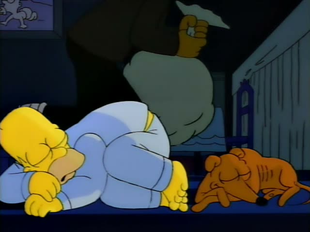 Homer sleeps sprawled on the floor of a pink room while Santa's Little Helper sleeps beside him