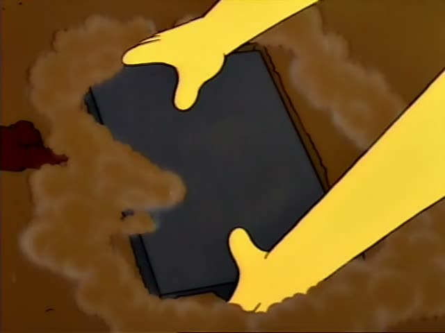 Chief Wiggum and Carl stand in a shirtless pose holding a dark box while Homer raises a small white paper up to his head
