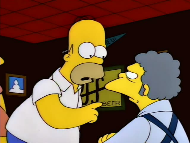 Homer and Moe stand at a counter in Herman's Military Antiques, a shop with a green sign and brick-patched walls