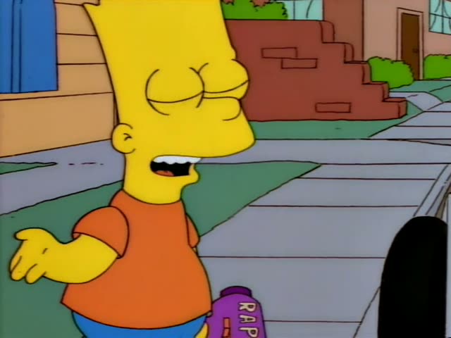Bart stands on a suburban sidewalk holding a purple megaphone labeled RAPMASTER 2000 and gestures with his open hand as he…