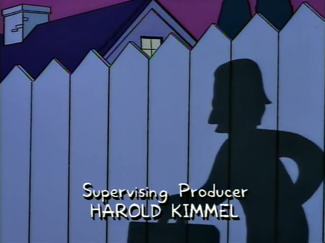 A silhouetted figure with hair stands behind a white picket fence in front of a purple roof, then a bald, heavyset…