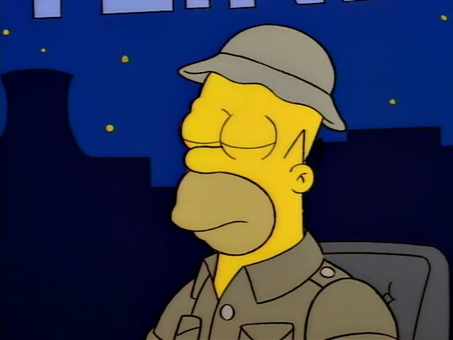 Homer Simpson sits in a dark seat against a night sky dotted with yellow stars and a dark city skyline with a sign at the top