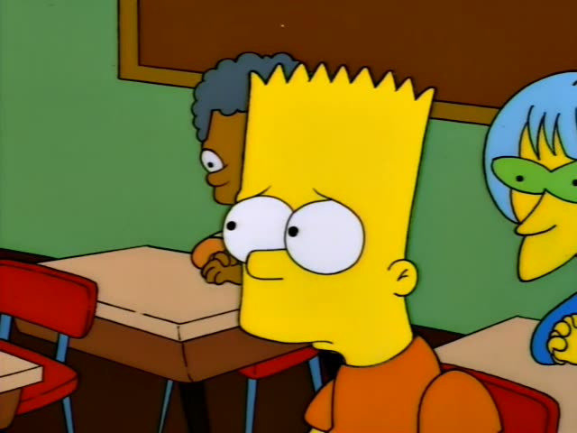 Bart Simpson looks worried at a classroom desk while a one-off classmate with dark curly hair sits behind him…