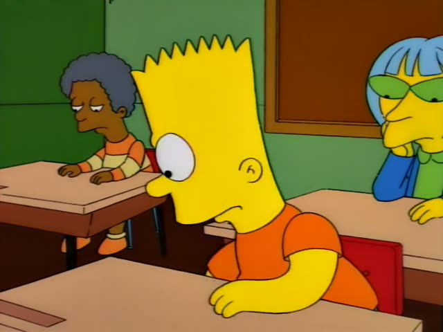 Bart Simpson sits at a classroom desk in his orange shirt, with Milhouse in blue hair and green-tinted glasses beside him…