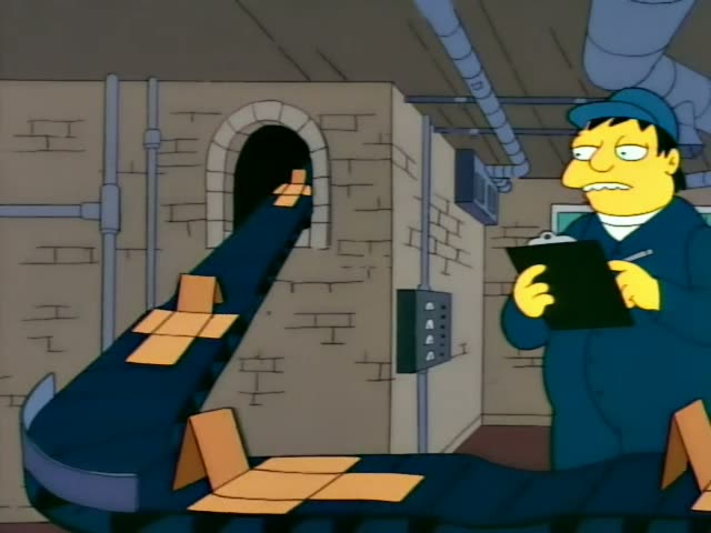 A heavy, unnamed man in a blue cap and blue coveralls stands beside a conveyor belt in a factory, checking a clipboard…