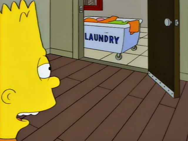 Bart is seen in close-up on the left side of a wooden-floored room, staring toward an open door on the right