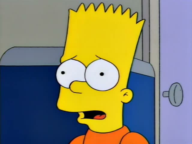 Bart Simpson stands in front of a blue locker by a door, holding a folded white towel or cloth in both hands