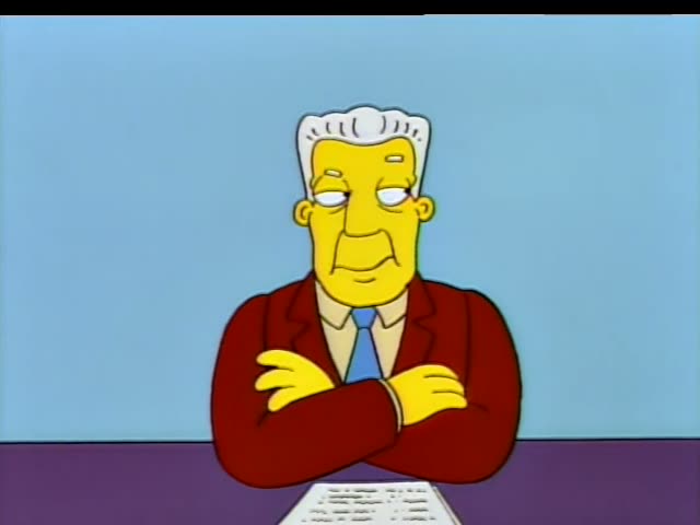 An unnamed older man with white swept hair and a red jacket, arms crossed, sits at a desk in the first frame, then a figure…