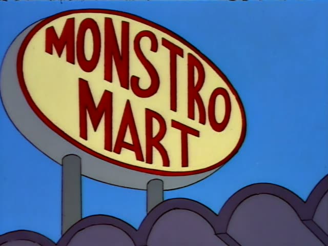 Krusty the Clown sits on a stool outside a building labeled Monstro Mart, smoking and holding a white glove over his lap…
