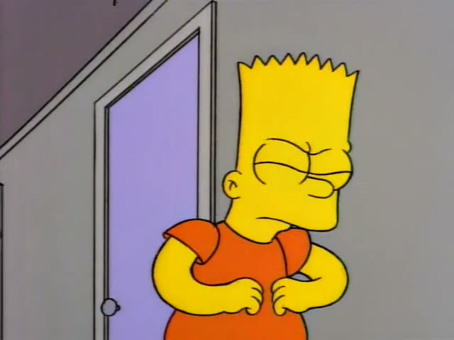 Bart Simpson stands beside a door in a hallway while Krusty the Clown holds a lit cigar and grips Bart's arm