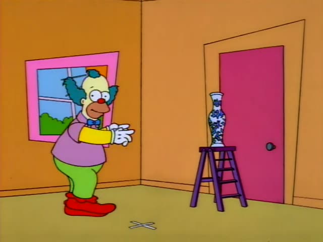 Krusty the Clown stands in a yellow-walled room beside a pink door and a purple stepladder holding a blue-and-white vase