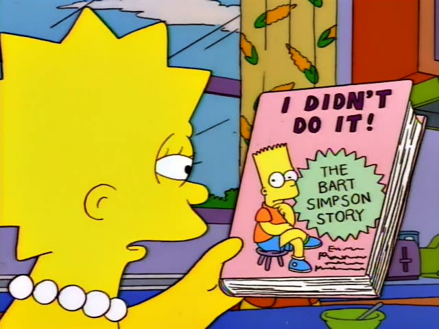 Lisa Simpson holds up a pink book titled "I Didn't Do It!" with the subtitle "The Bart Simpson Story" showing a cartoon…