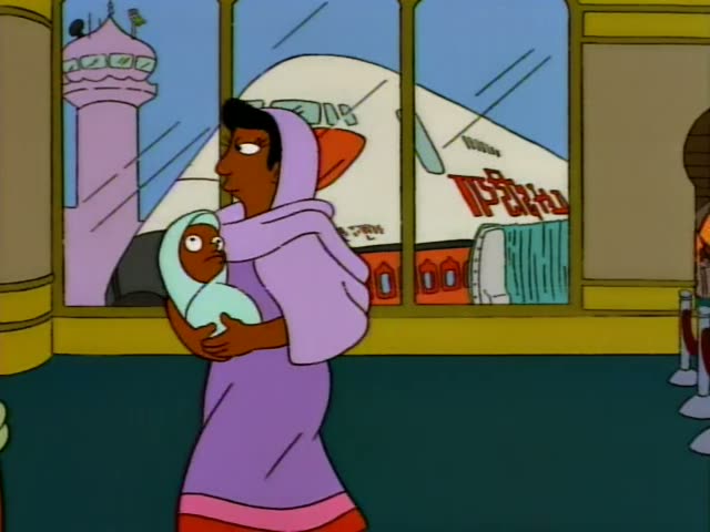 Several one-off characters appear in an airport terminal: a woman in a purple hooded dress carrying a swaddled baby…
